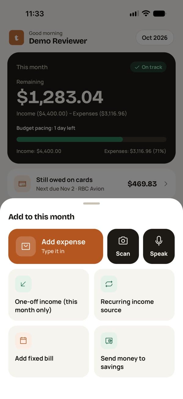 Add sheet with Add expense, Scan and Speak options