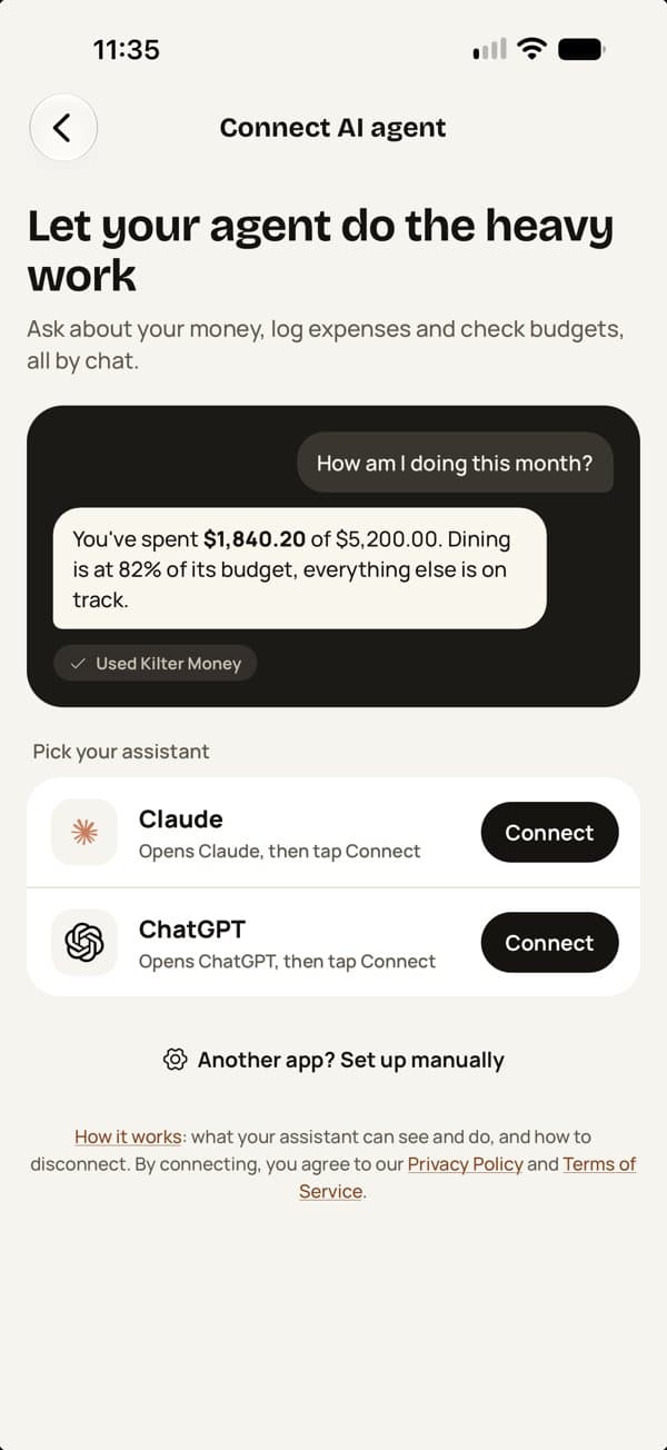 Connect AI agent screen with a sample chat and Connect buttons for Claude and ChatGPT