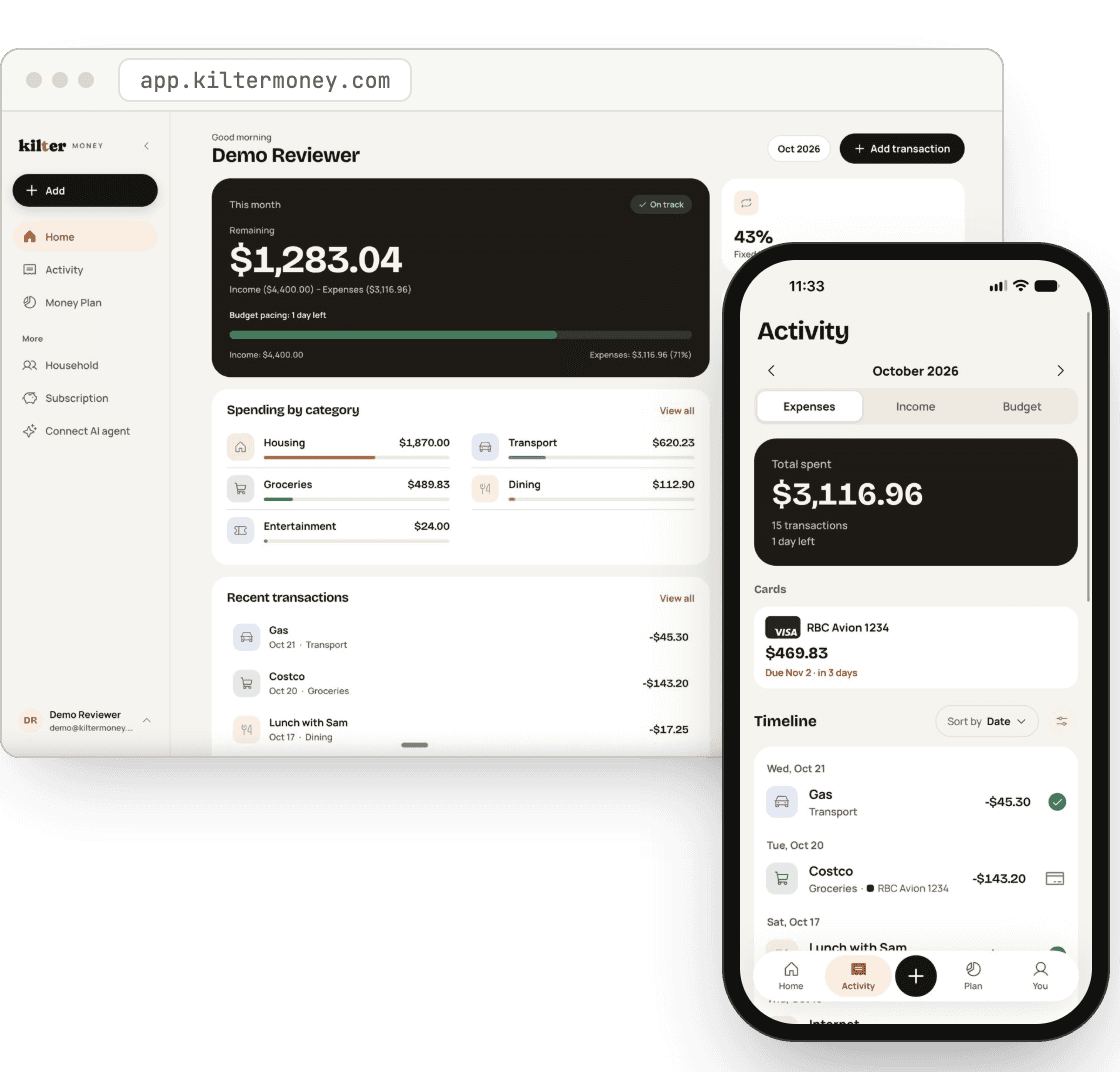 Kilter Money on the web, showing the month’s remaining budget and spending by category, with the phone app’s activity timeline in front