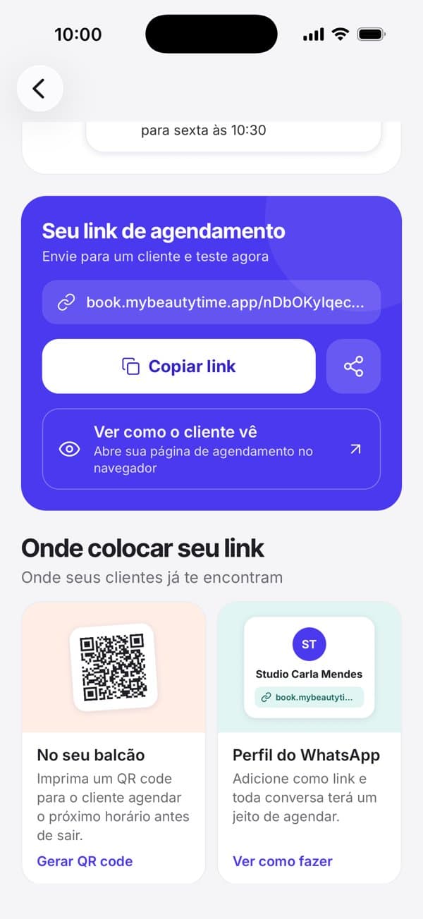 Booking link screen with copy and share options