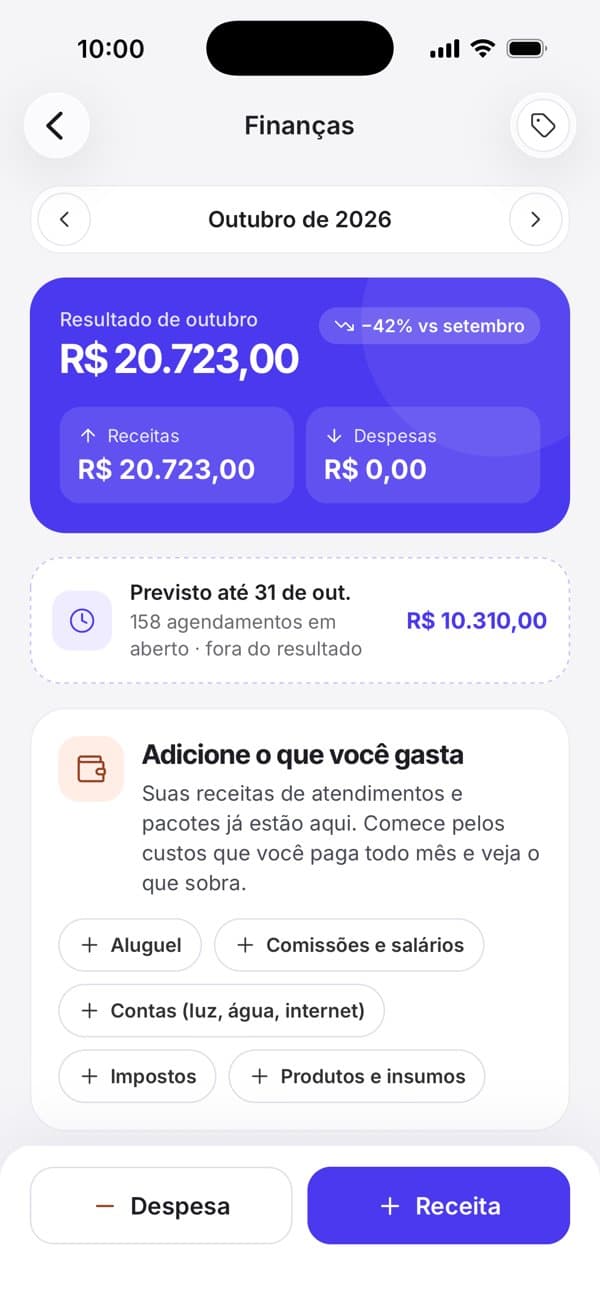 Finances screen with the month’s result and revenue