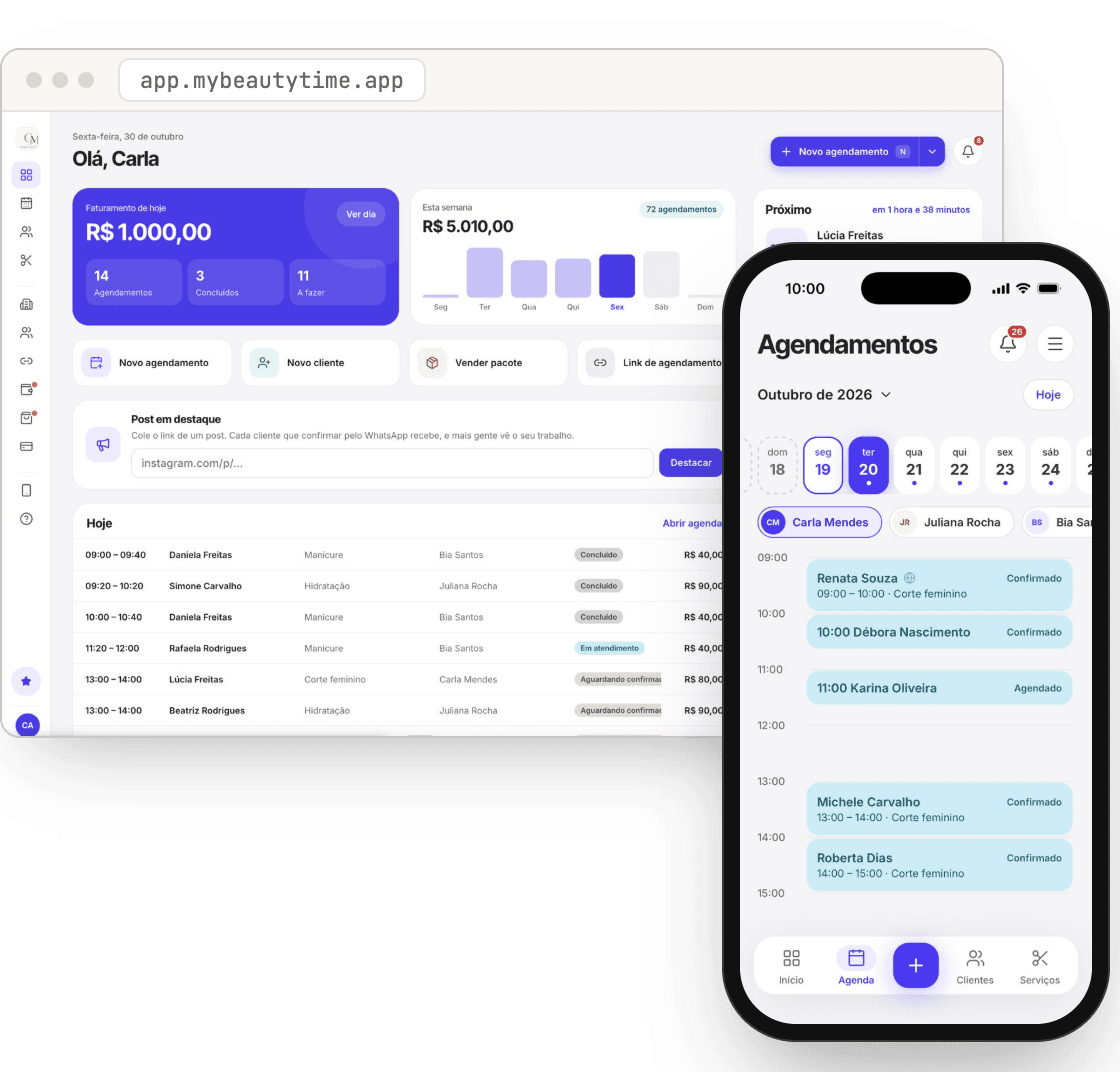 My Beauty Time on the web, showing the day’s revenue and appointments, with the phone app’s agenda in front