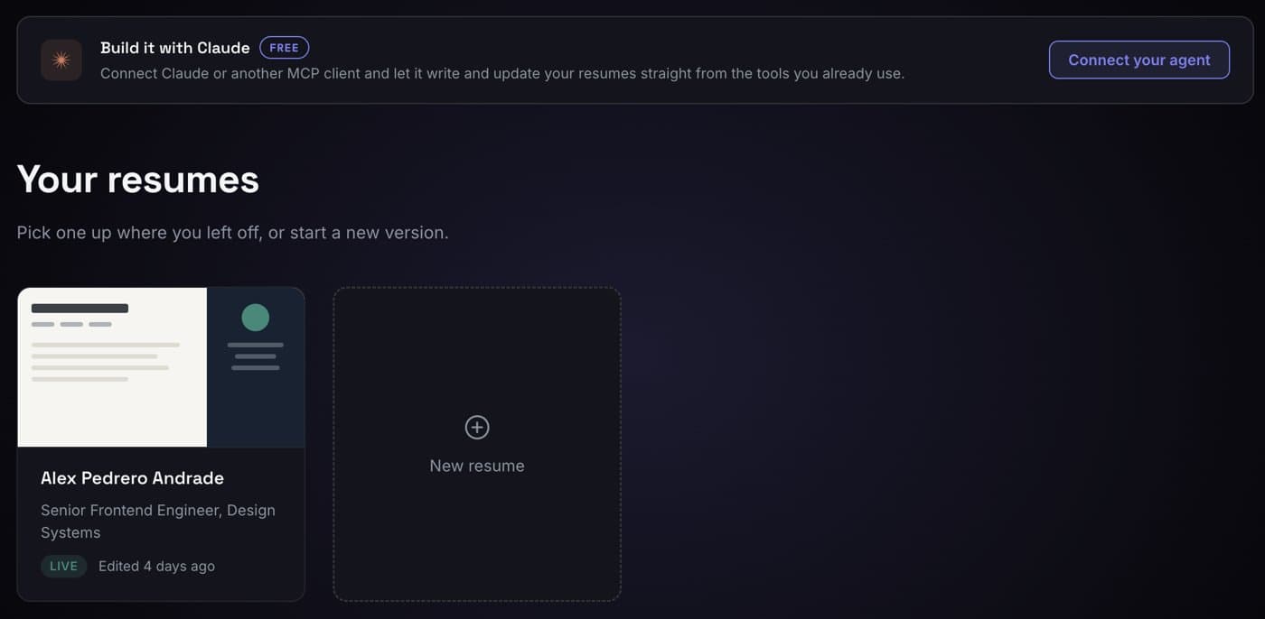 Rezme resumes home with a Build it with Claude banner and a Connect your agent button