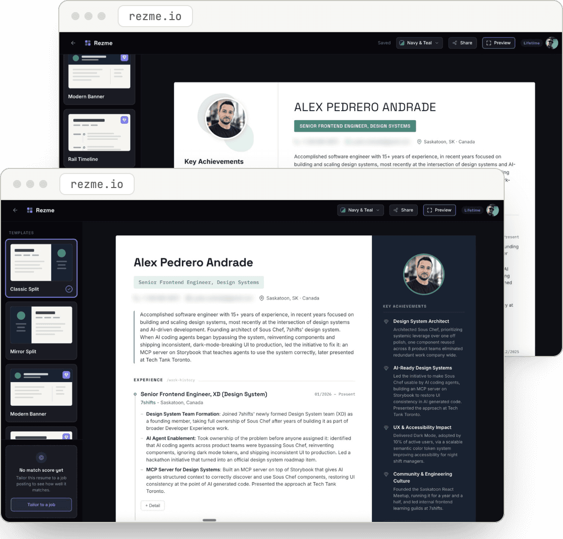 The same resume in two Rezme templates, Soft Card and Classic Split, shown in two browser windows