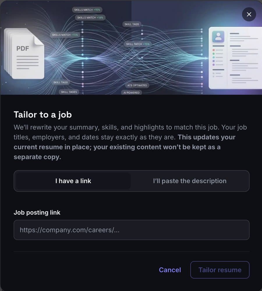 Tailor to a job dialog with a job posting link field