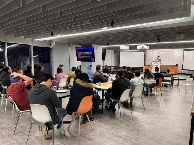 A full room at the Saskatoon React Meetup, hosted at the 7shifts office