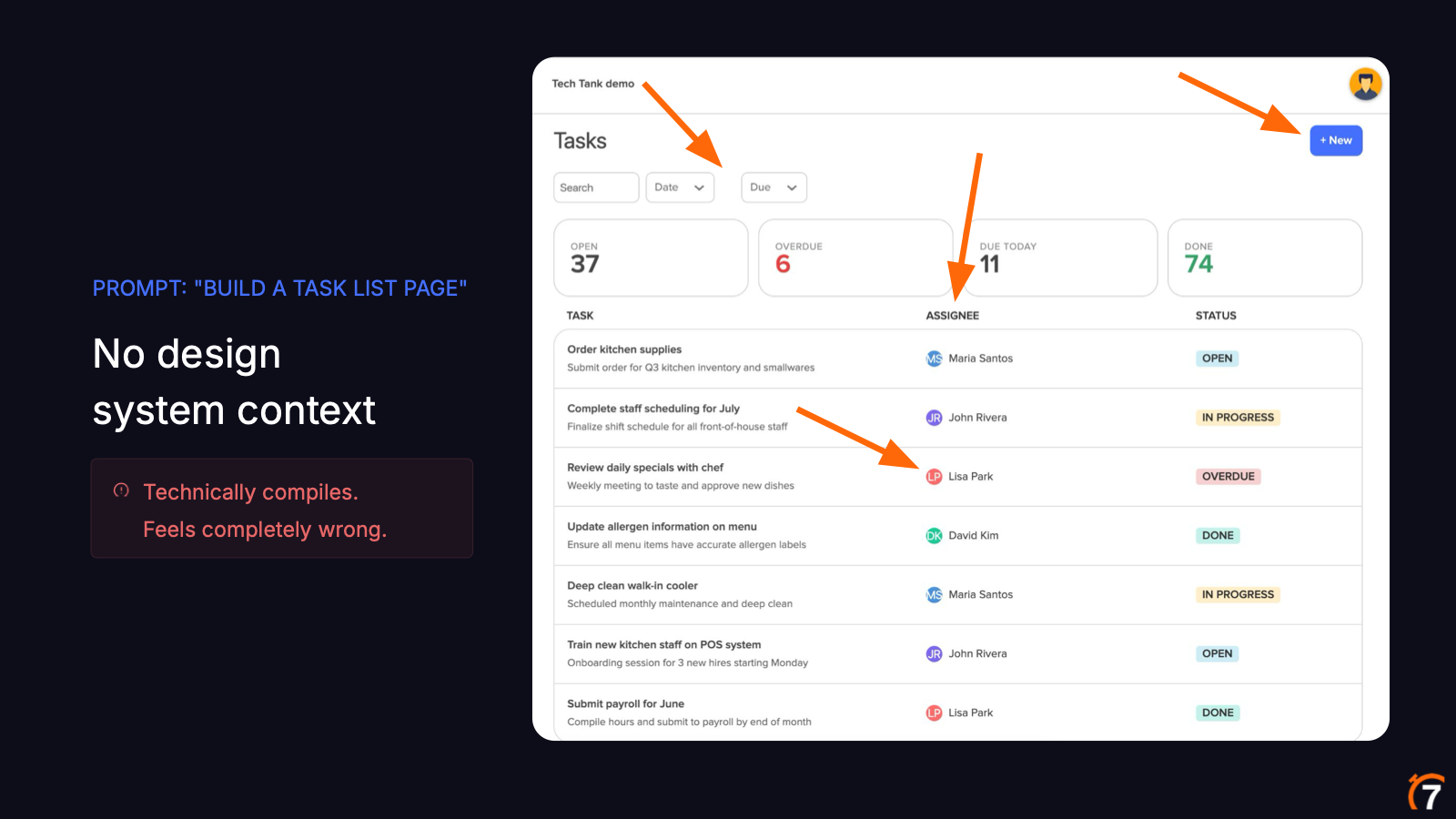 A task list page generated by AI without design system context